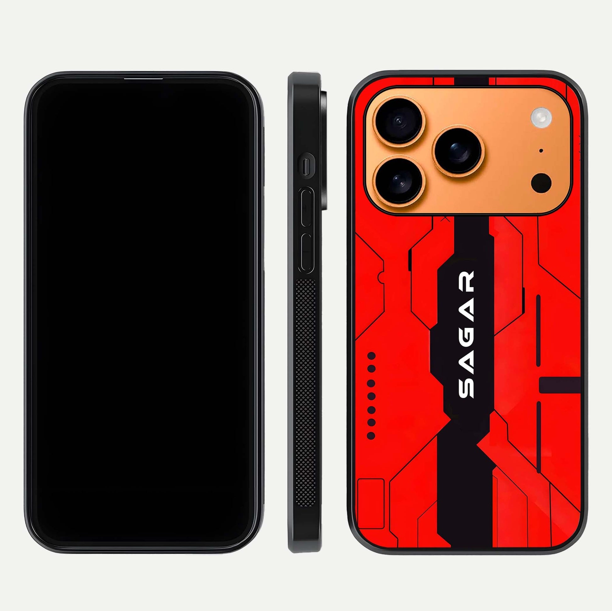 Voltage Rise CYBERPUNK Custom Name Glass Case for iPhone 17 Pro Max front & back layout showing futuristic tones and sleek edge