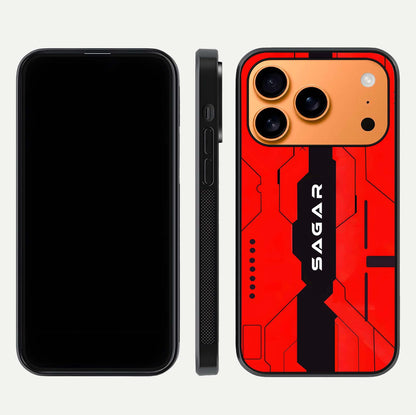 Voltage Rise CYBERPUNK Custom Name Glass Case for iPhone 17 Pro Max front & back layout showing futuristic tones and sleek edge