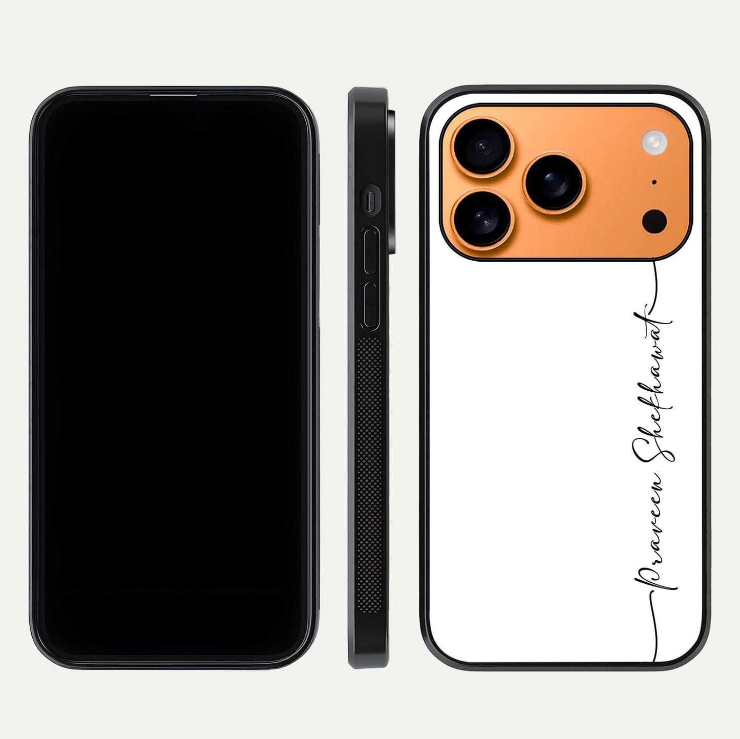 White Tune Custom Name Glass Case for iPhone 17 Pro Max front & back layout showing clean design and text placement
