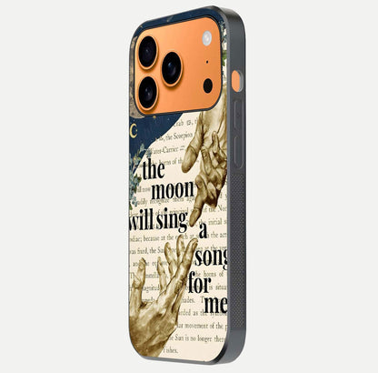 Aesthetic Divine Glass Case for iPhone 17 Pro Max side-angle image showing divine abstract design, camera module, and glossy finish reflection