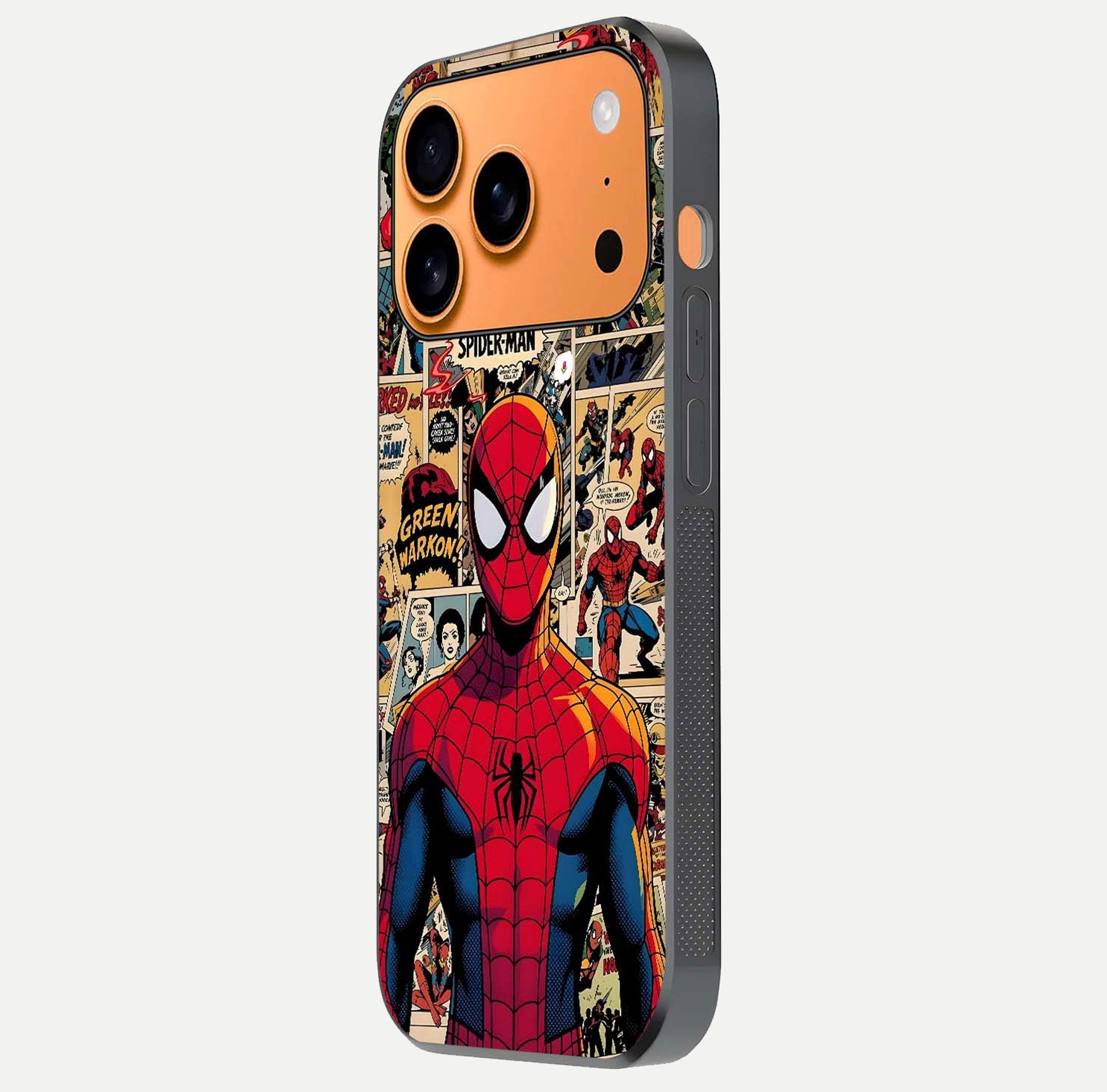 Aesthetic Spider Man Glass Case for iPhone 17 Pro Max side-angle image showing superhero comic print, camera module, and glossy finish reflection