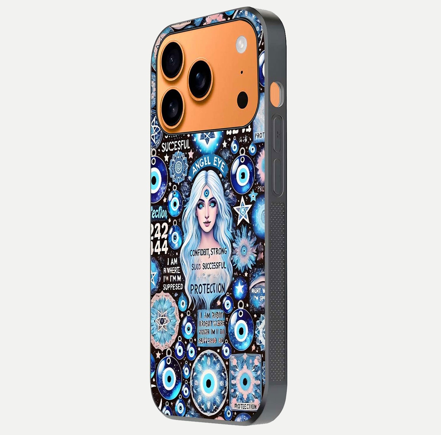 Angel Aura Shield Glass Case for iPhone 17 Pro Max side-angle photo showcasing aura details and glossy surface reflection