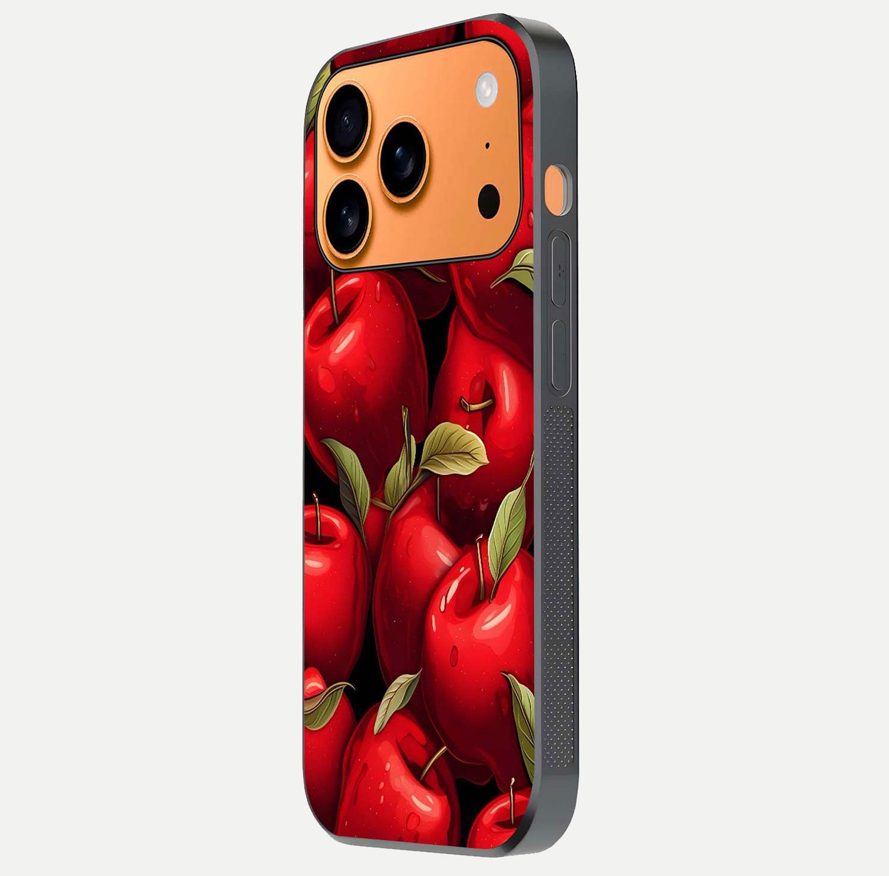 Apple Pattern Glass Case for iPhone 17 Pro Max side-angle image showcasing minimalist apple print and gloss reflection