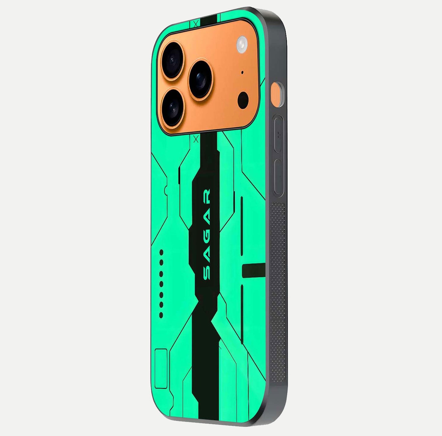 Aqua Tech CYBERPUNK Custom Name Glass Case for iPhone 17 Pro Max side-angle image with glowing edges and glossy surface