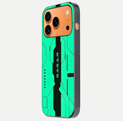 Aqua Tech CYBERPUNK Custom Name Glass Case for iPhone 17 Pro Max side-angle image with glowing edges and glossy surface