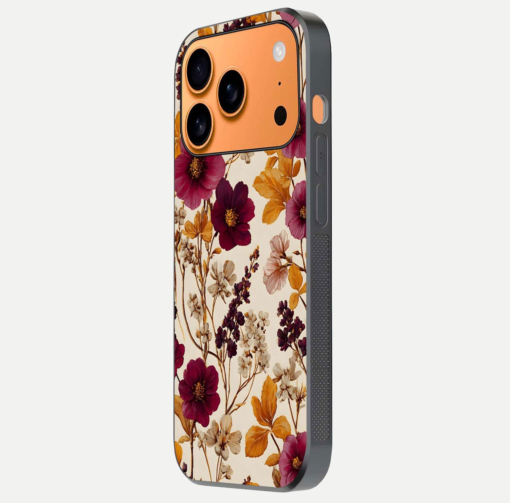 Autumn Wine Bloom Glass Case for iPhone 17 Pro Max side-angle showcasing floral design, texture gloss, and camera frame