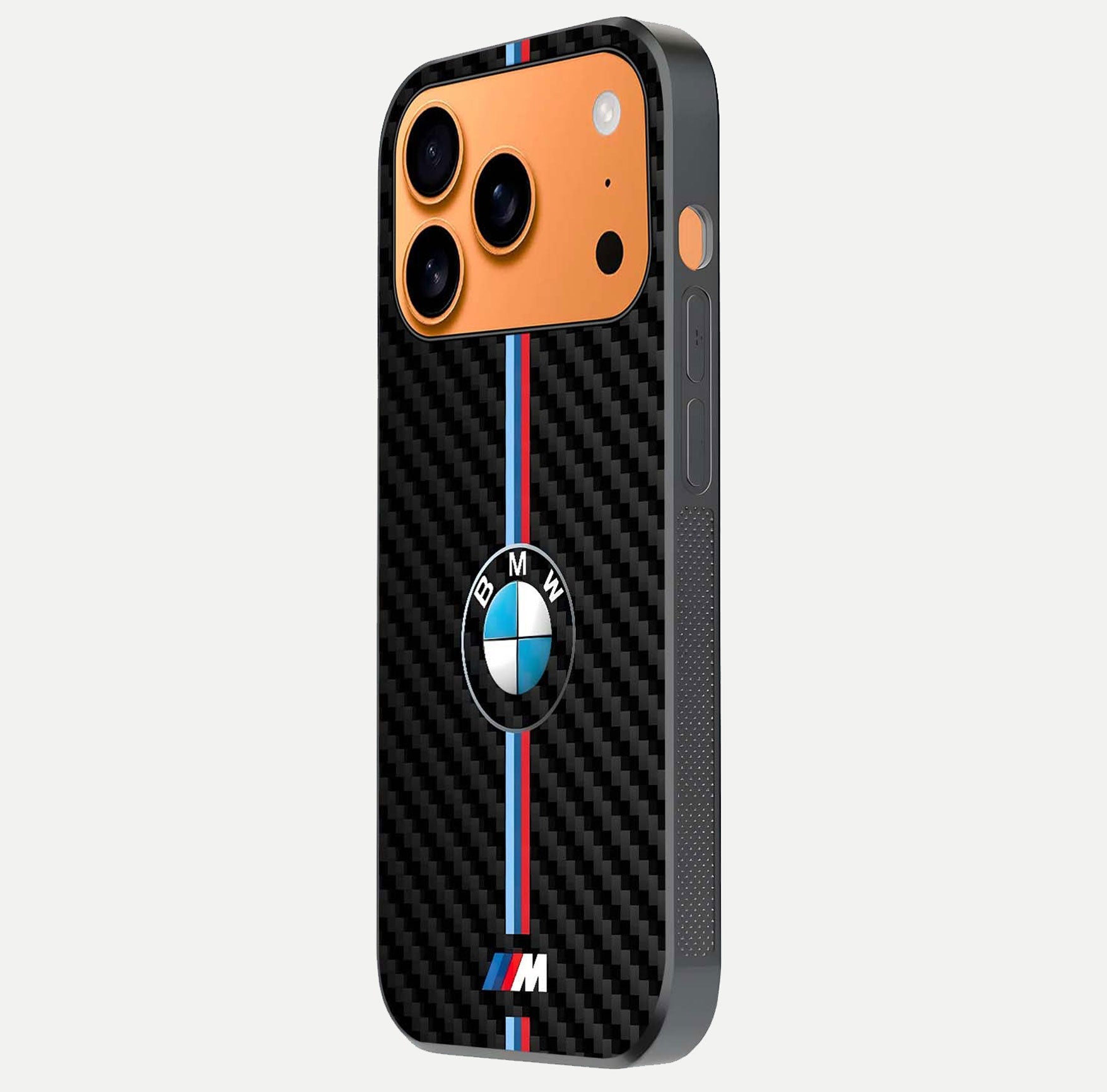 BMW Pattern Glass Case for iPhone 17 Pro Max side-angle image showing edge finish and luxury car-inspired shine