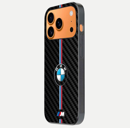 BMW Pattern Glass Case for iPhone 17 Pro Max side-angle image showing edge finish and luxury car-inspired shine