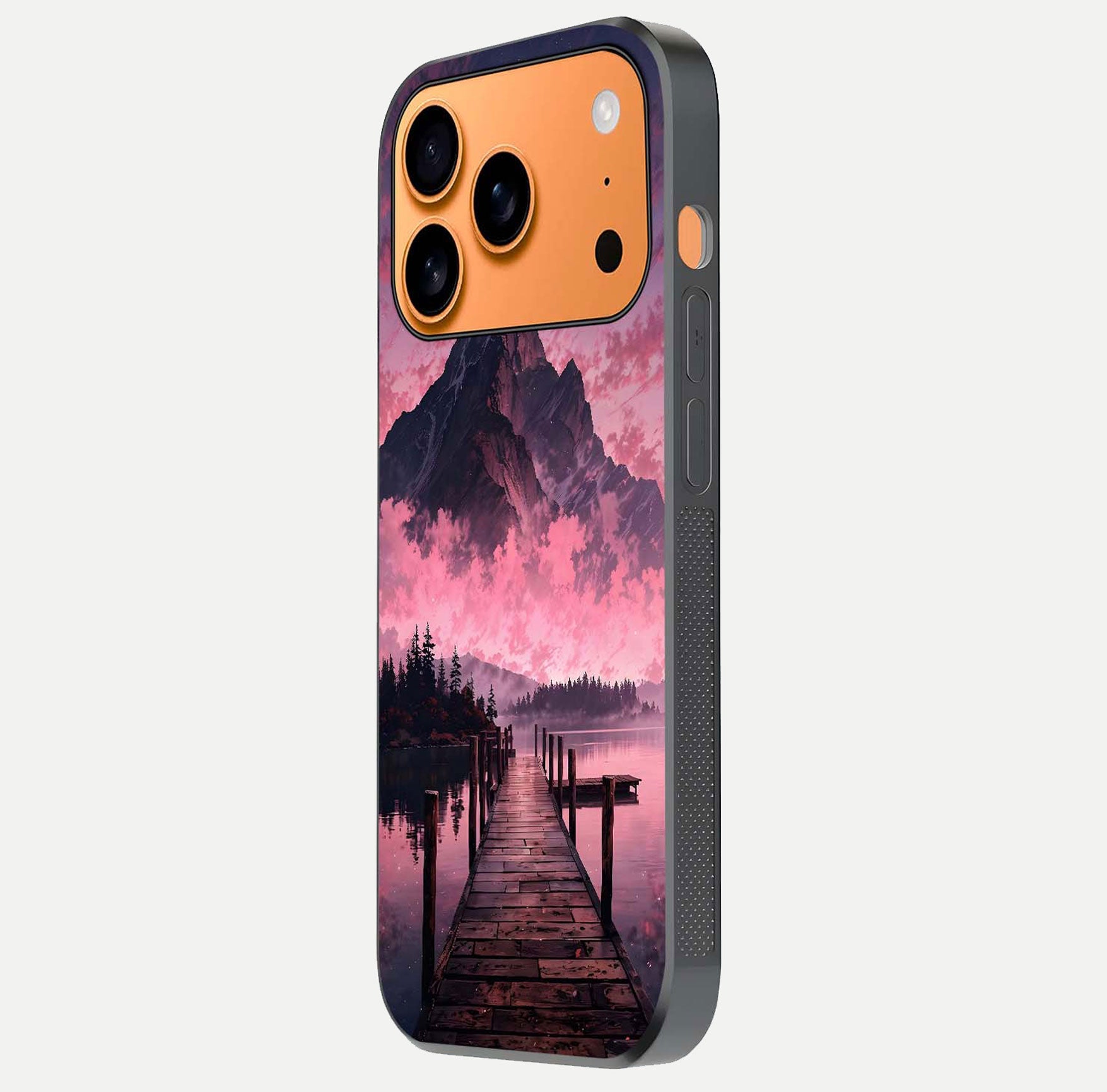 Beautyful Mountain View Glass Case for iPhone 17 Pro Max side-angle image displaying mountain artwork and gloss surface