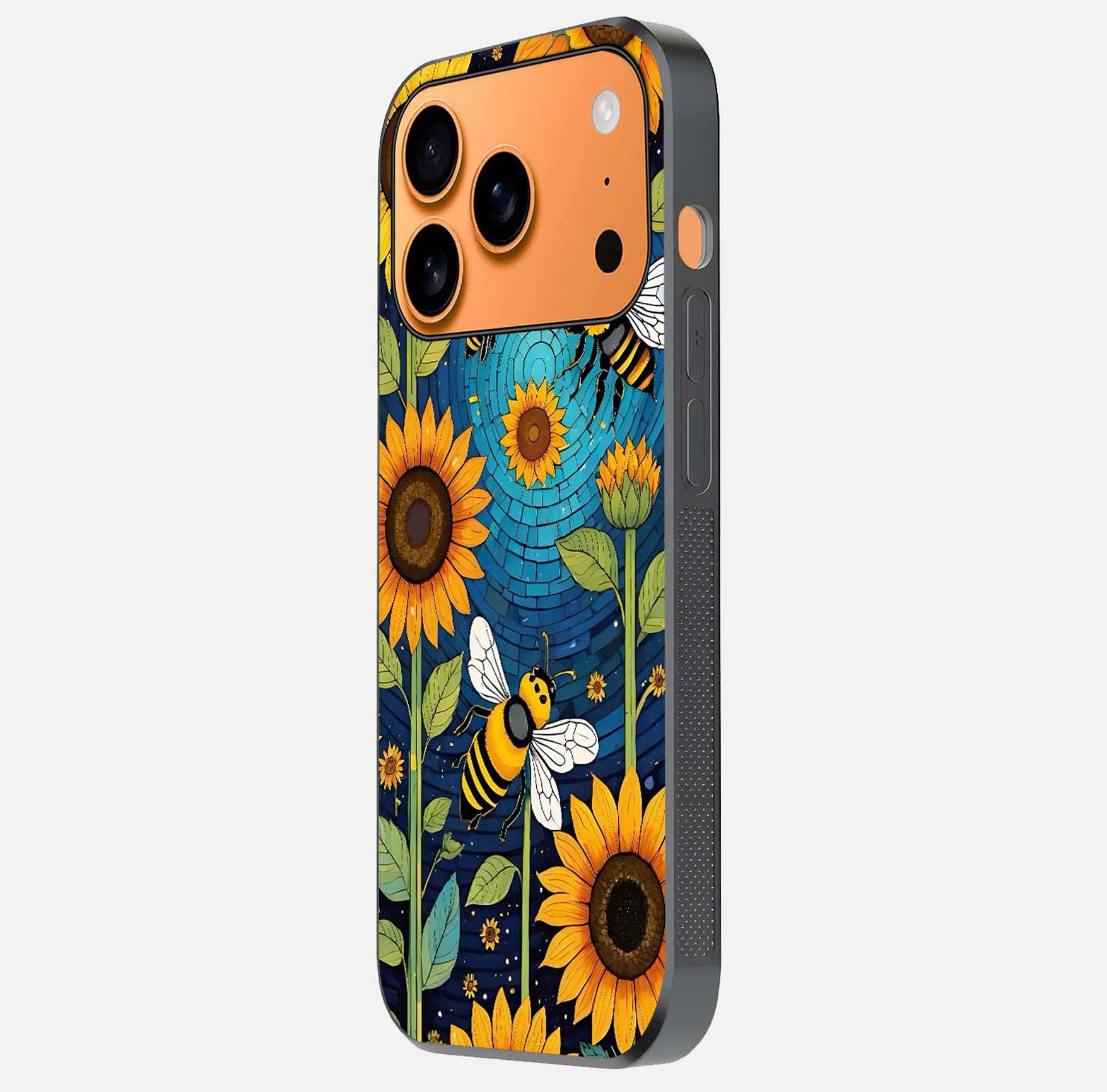 Bees & Sunflowers Glass Case for iPhone 17 Pro Max side-angle image showing bee pattern alignment and shiny protective surface