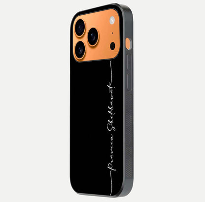 Black Tune Custom Name Glass Case for iPhone 17 Pro Max side-angle photo showing mirror-like surface and slim profile