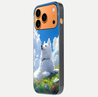 Blissful Cloud Pup Glass Case for iPhone 17 Pro Max side-angle shot displaying puppy print and glossy texture