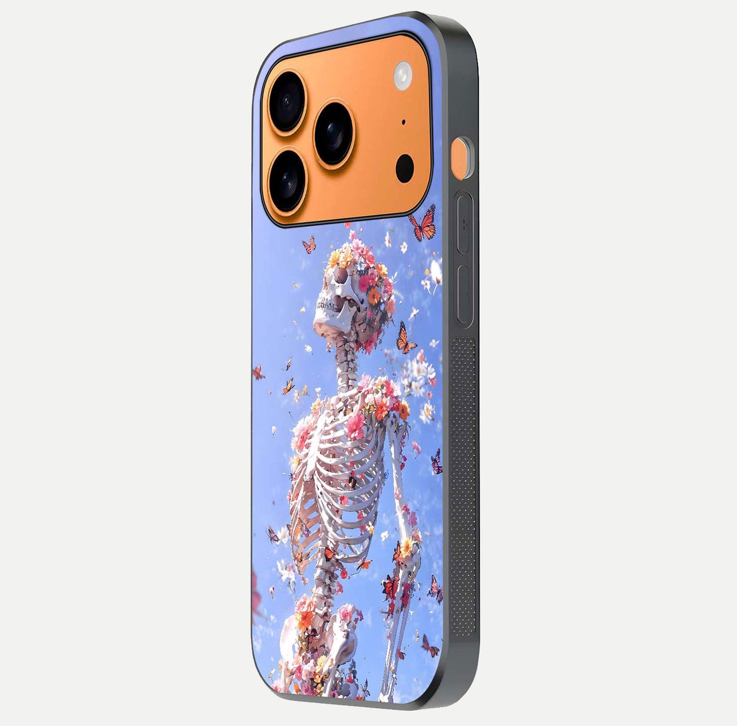Bloom Beyond Bones Glass Case for iPhone 17 Pro Max side-angle image highlighting print precision and gloss finish
