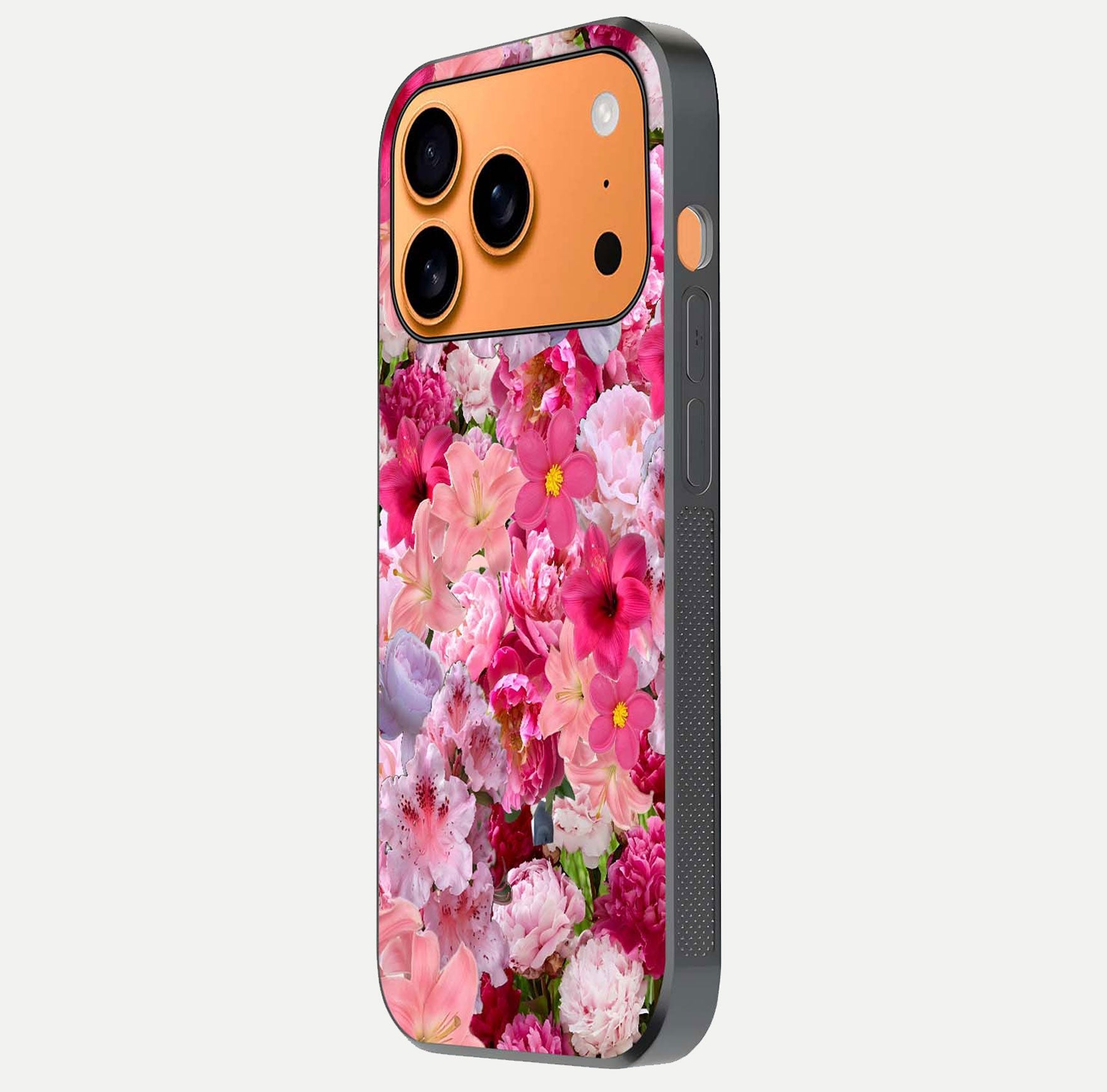 Bloom Crush Fantasy Glass Case for iPhone 17 Pro Max side-angle shot with fantasy bloom art and gloss surface