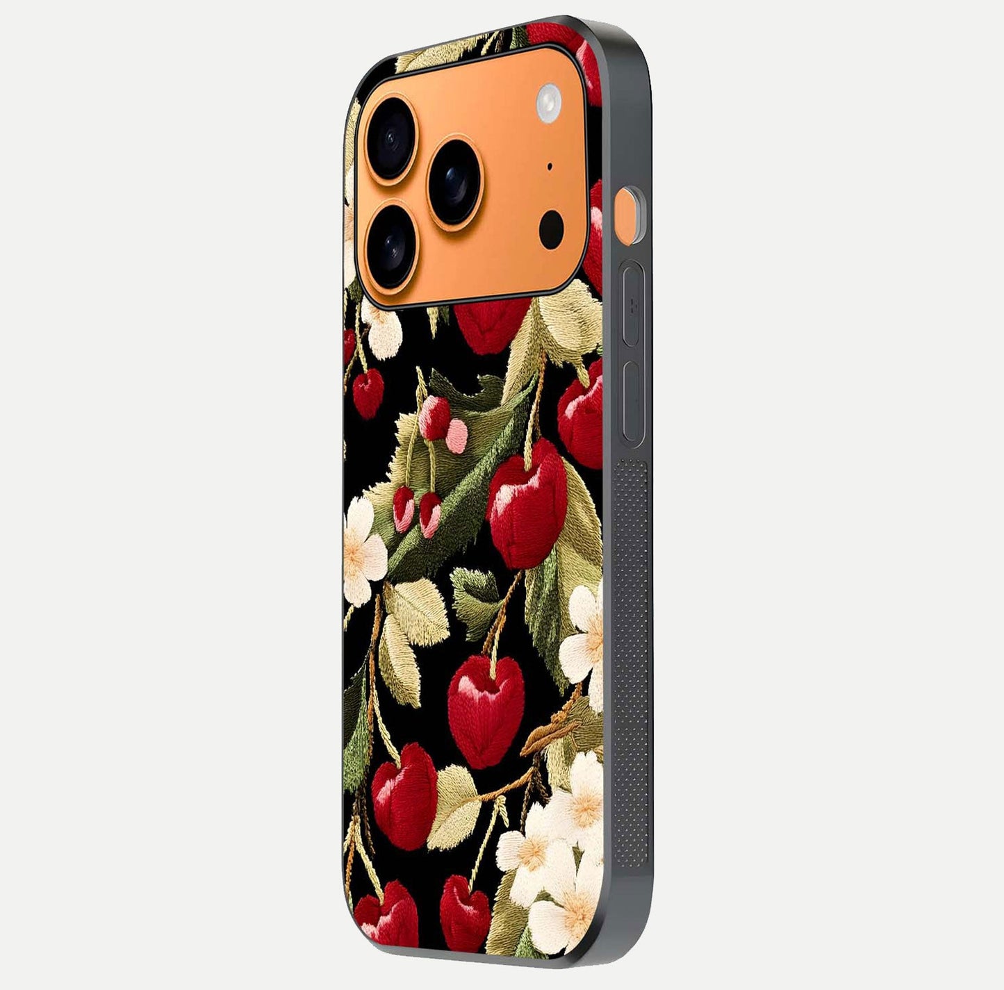 Bloom Thread Art Glass Case for iPhone 17 Pro Max side-angle image showing texture depth and gloss reflection