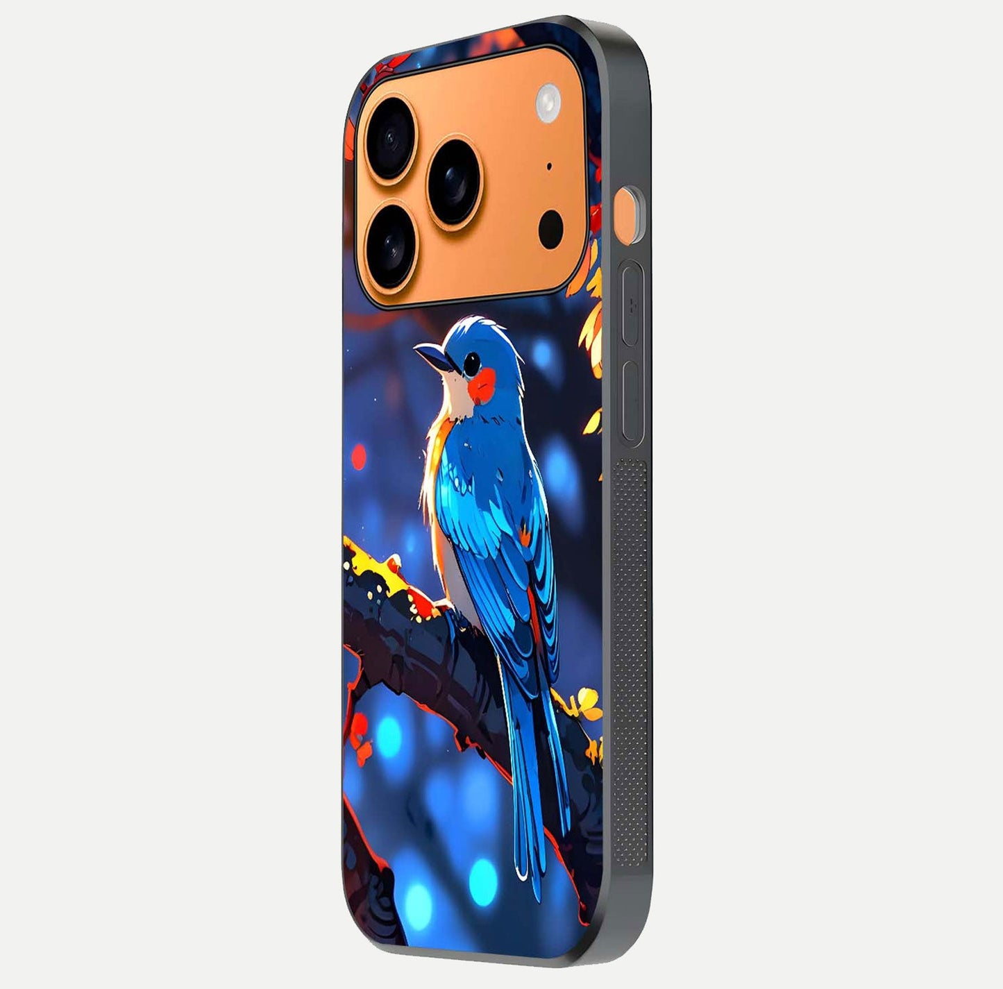 Blooming Spendor Bird Glass Case for iPhone 17 Pro Max side-angle photo showing floral wings and reflection finish