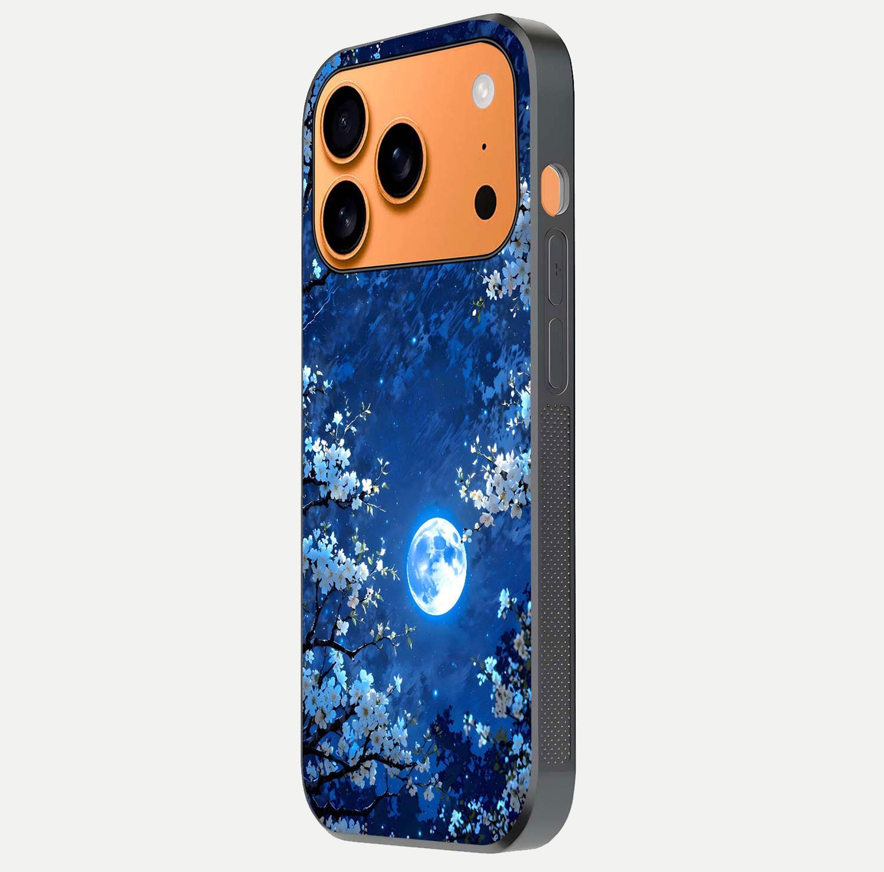 Blossom Moonlight Sky Glass Case for iPhone 17 Pro Max side-angle view emphasizing moonlight tones and protective edge