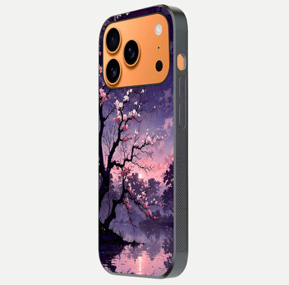 Blossom Pink Moon Glass Case for iPhone 17 Pro Max side-angle image showing glossy curve and floral-moon balance