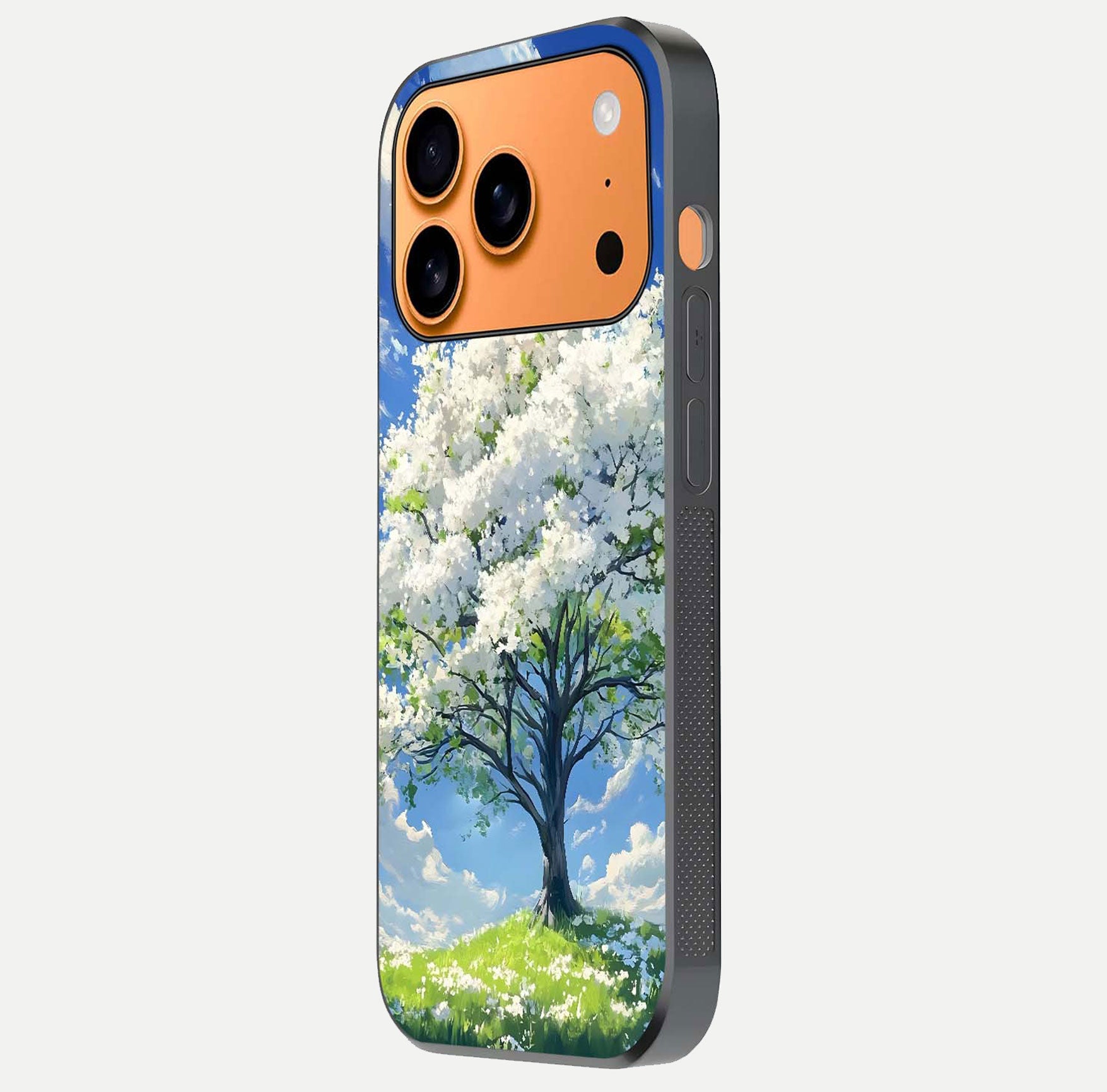 Blossom Sky Serenity Glass Case for iPhone 17 Pro Max side-angle image showing elegant edge flow and light reflection
