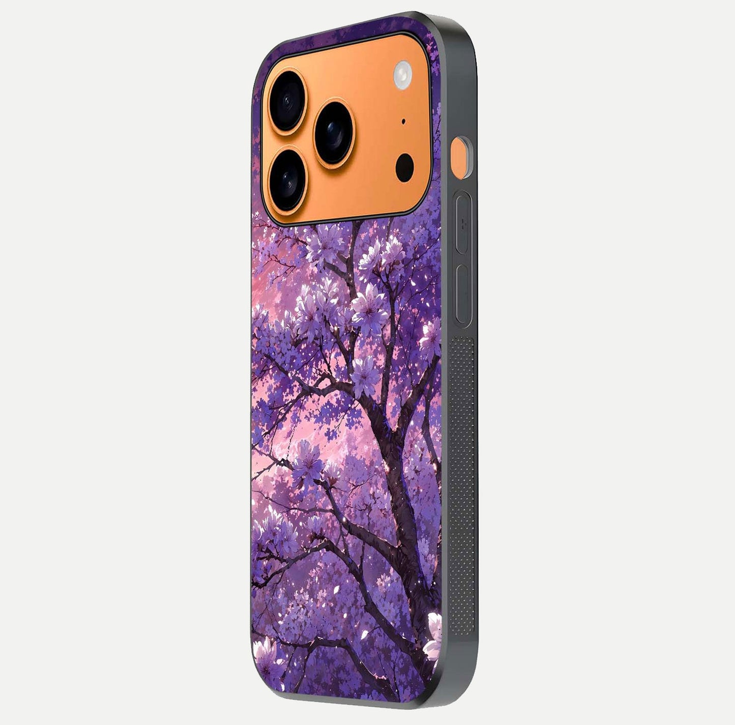 Blossom Tree Glass Case for iPhone 17 Pro Max side-angle image showing floral tree artwork and reflection gloss