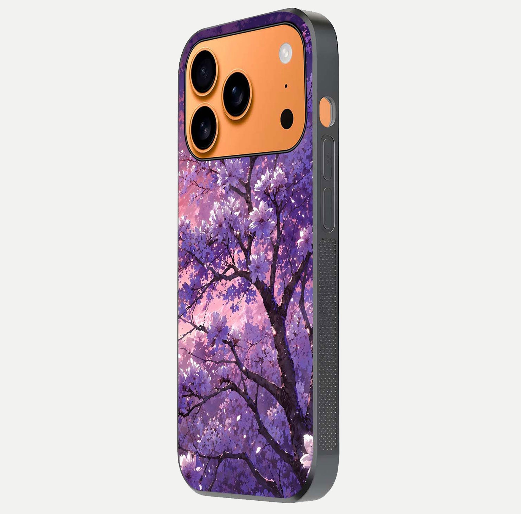 Blossom Tree Glass Case for iPhone 17 Pro Max side-angle image showing floral tree artwork and reflection gloss