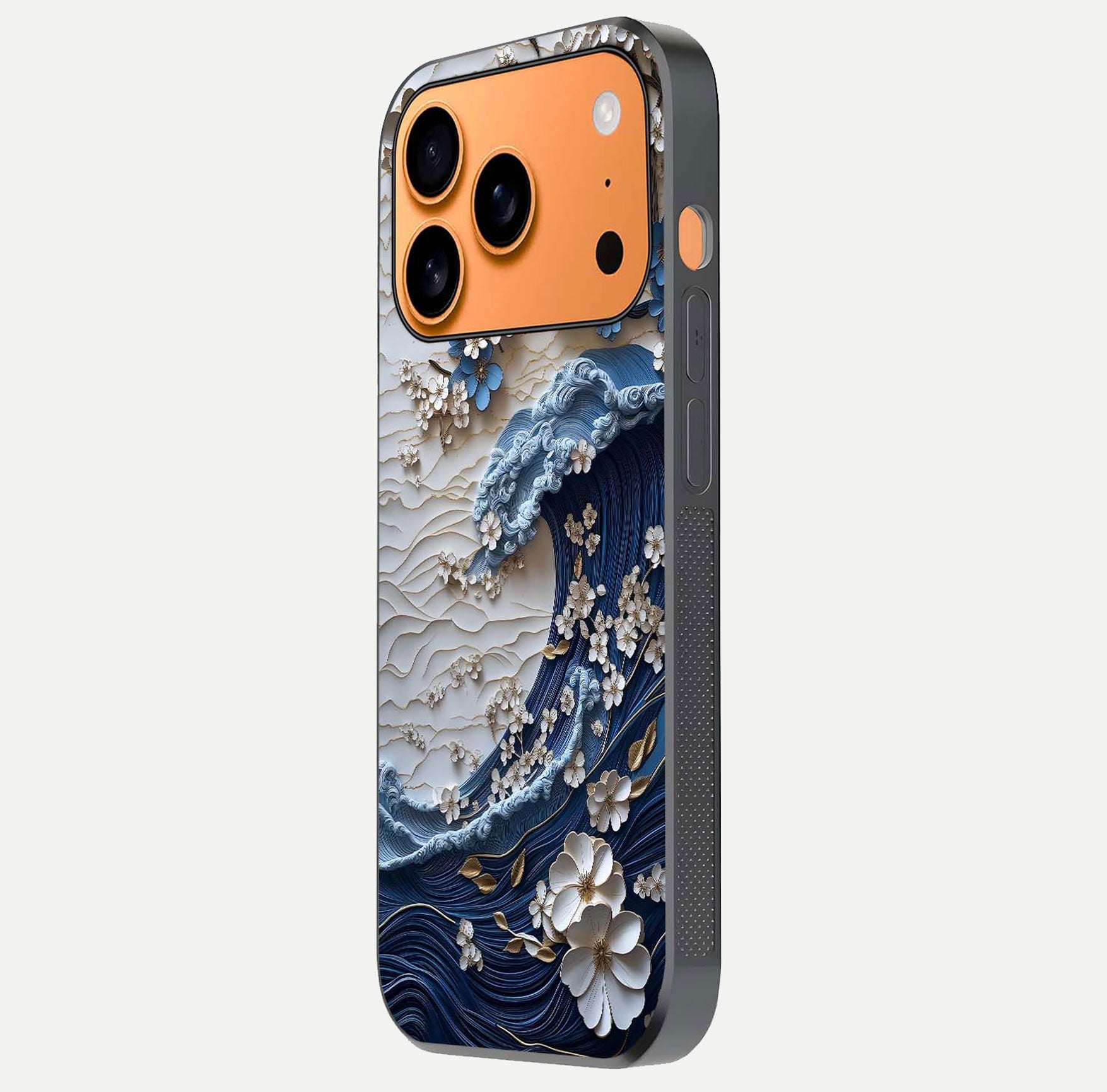 Blossom Wave Art Glass Case for iPhone 17 Pro Max side-angle view showing wave-flow print and gloss edge finish