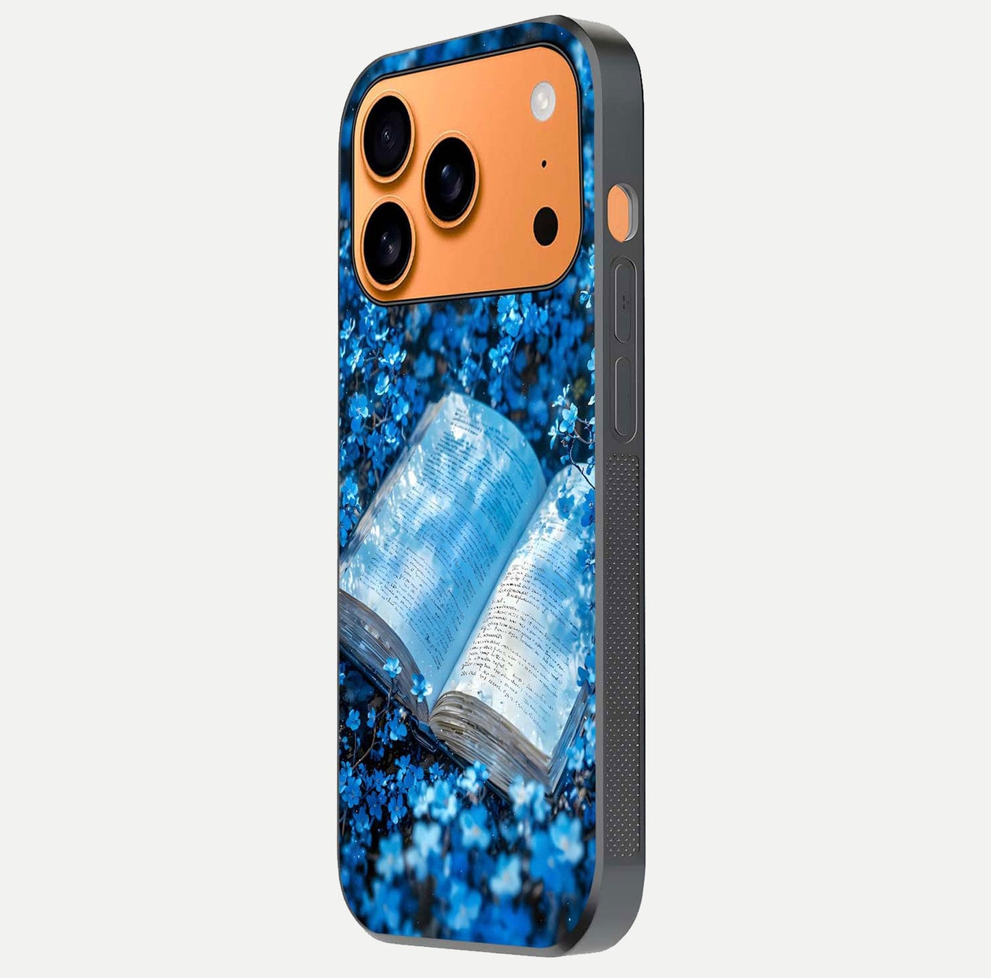 Blue Bloom Tales Glass Case for iPhone 17 Pro Max side-angle image showing blue floral pattern and glossy finish