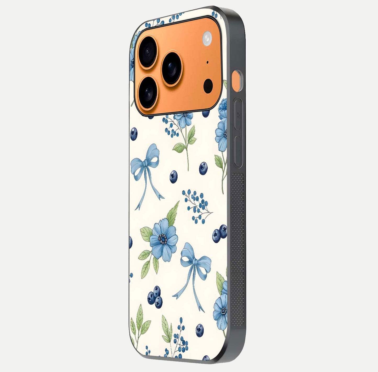 Blue Flower & Bow Glass Case for iPhone 17 Pro Max side-angle image showing bow-floral mix and HD finish shine