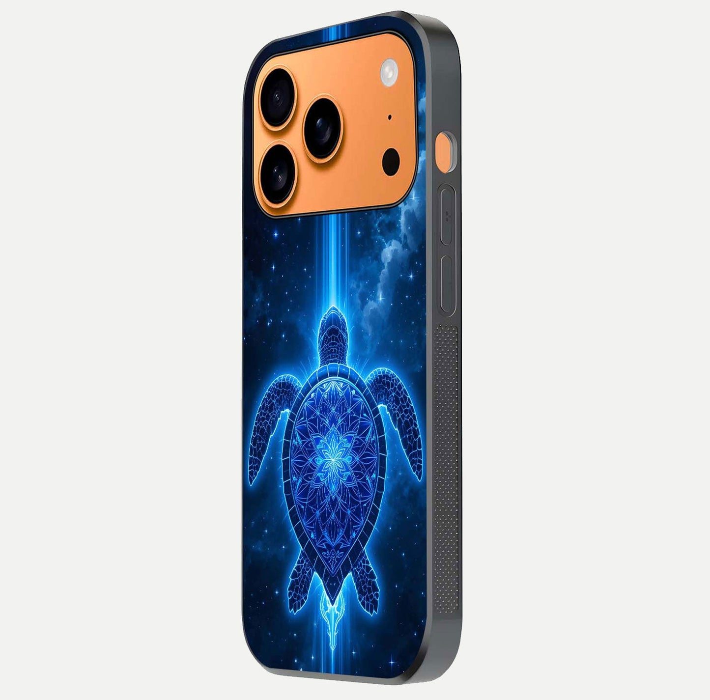 Blue Galaxy Turtle Glass Case for iPhone 17 Pro Max side-angle photo capturing galaxy shine and smooth edge design