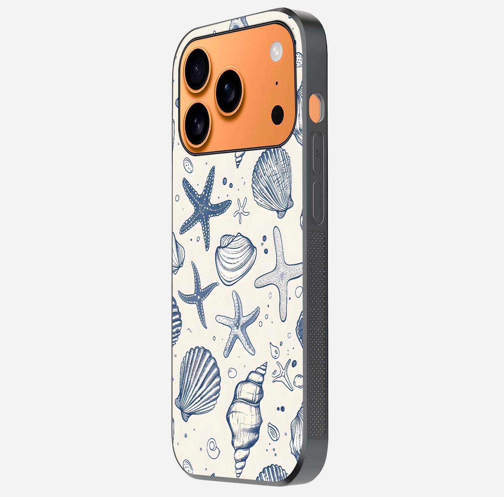 Blue Ocean Outline Glass Case for iPhone 17 Pro Max side-angle view showing clear edge lines and oceanic blue glow