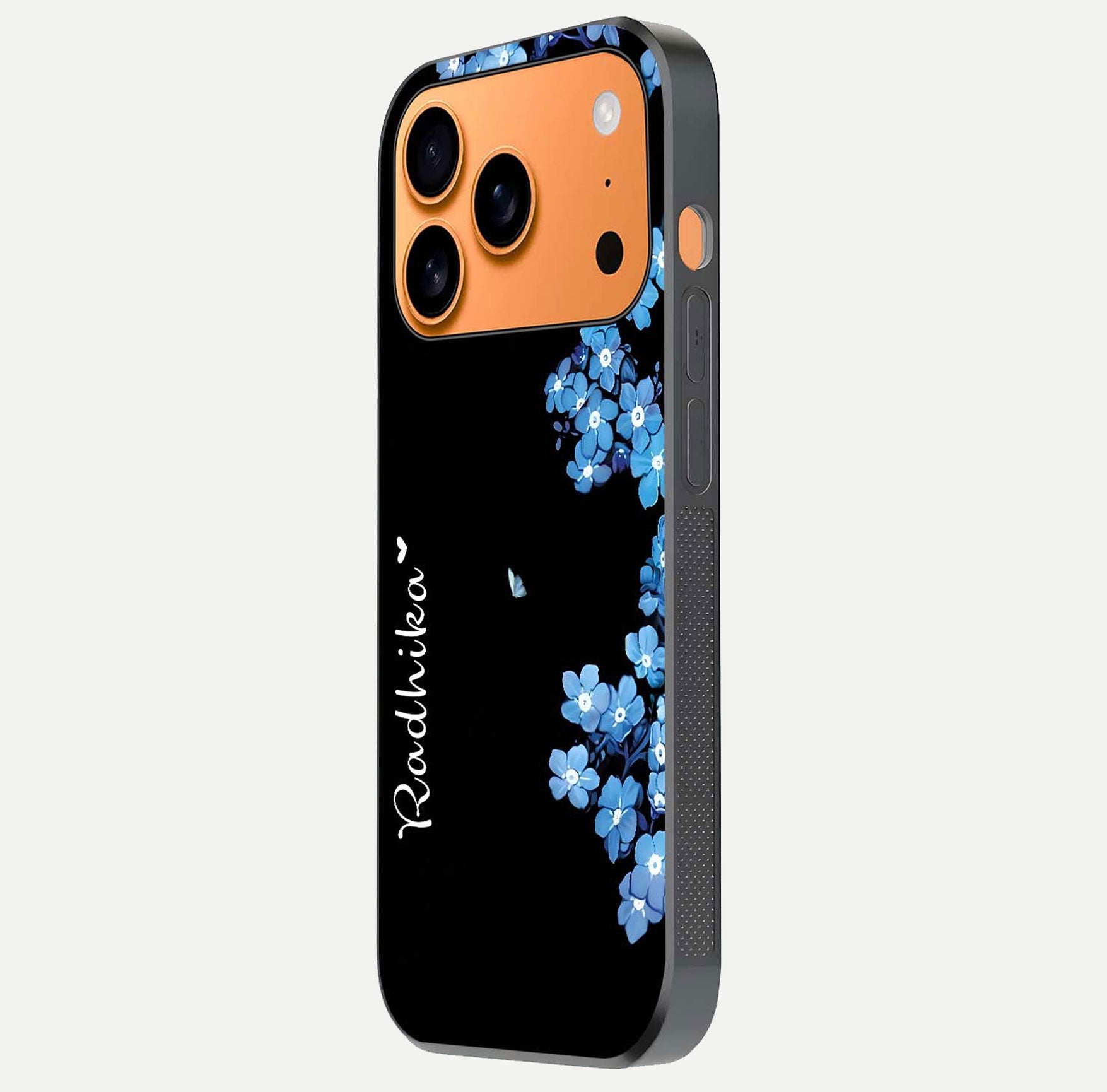 Blue Petal Dream Custom Name Glass Case for iPhone 17 Pro Max side-angle image showing name print clarity and smooth gloss