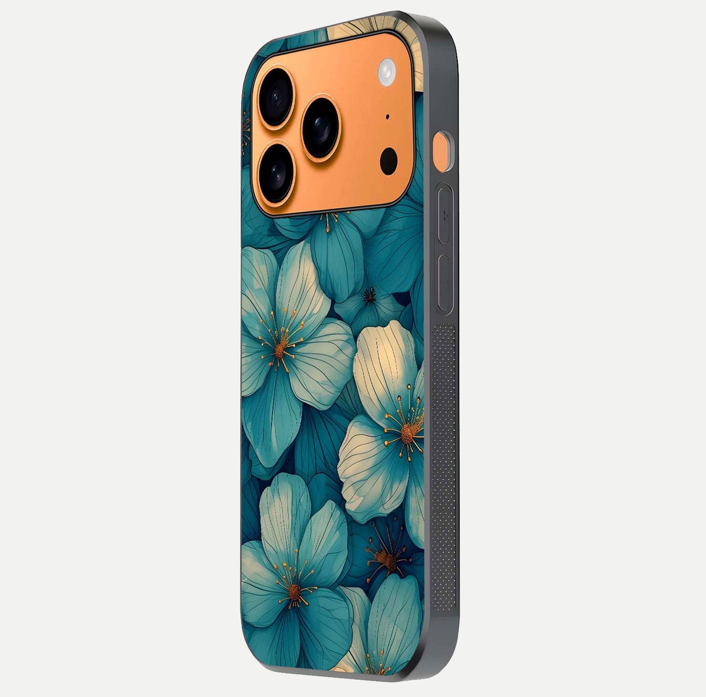 Blue Shade Floral Glass Case for iPhone 17 Pro Max side-angle photo showing detailed floral hues and curved glass shine