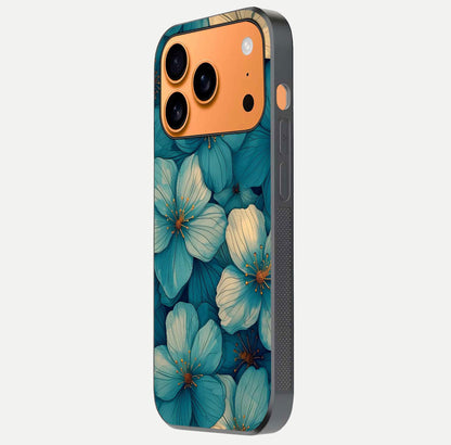 Blue Shade Floral Glass Case for iPhone 17 Pro Max side-angle photo showing detailed floral hues and curved glass shine