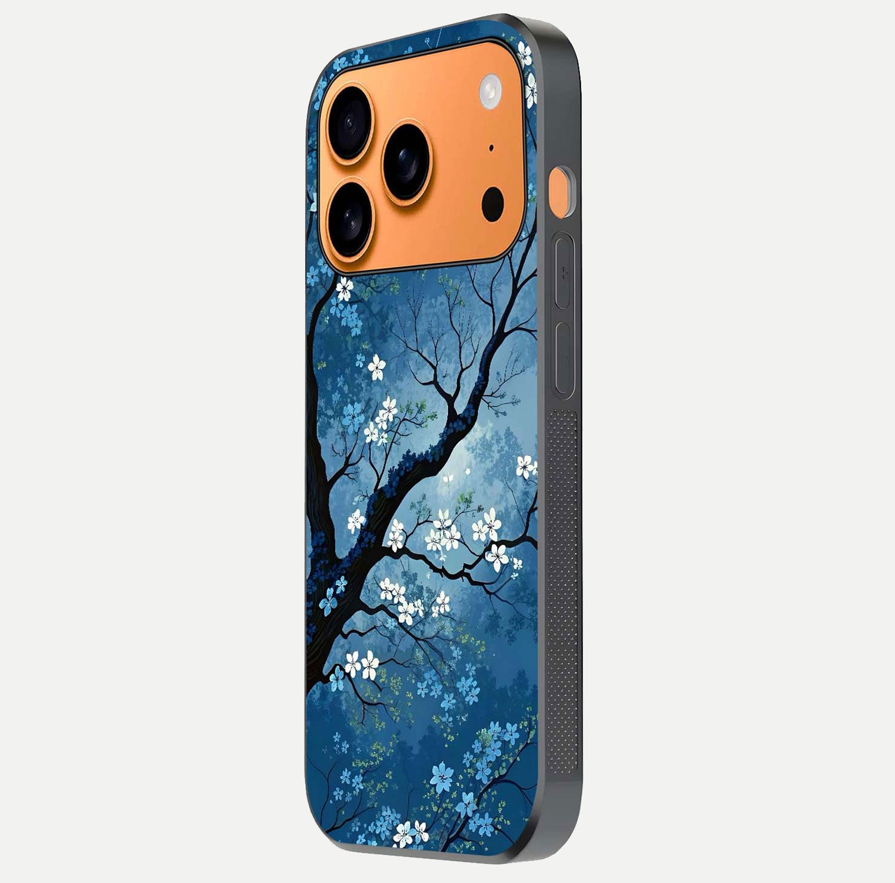 Blue Tree Serenity Glass Case for iPhone 17 Pro Max side-angle shot showing glossy edge and tree pattern reflection