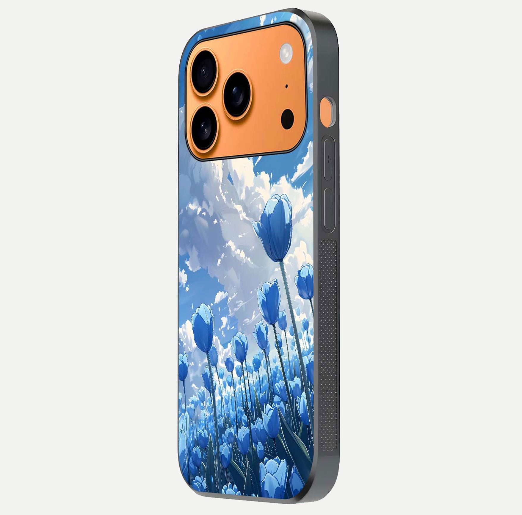 Blue Tulip Clouds Glass Case for iPhone 17 Pro Max side-angle image showing edge curve and flower reflection glow