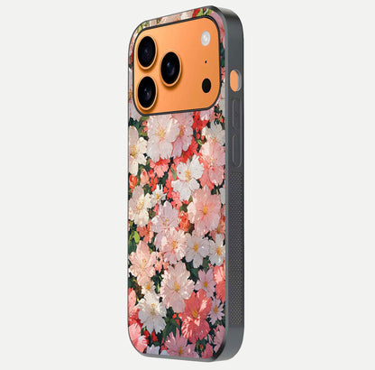 Blush Bloom Field Glass Case for iPhone 17 Pro Max side-angle image showing petal pattern gloss and smooth edges