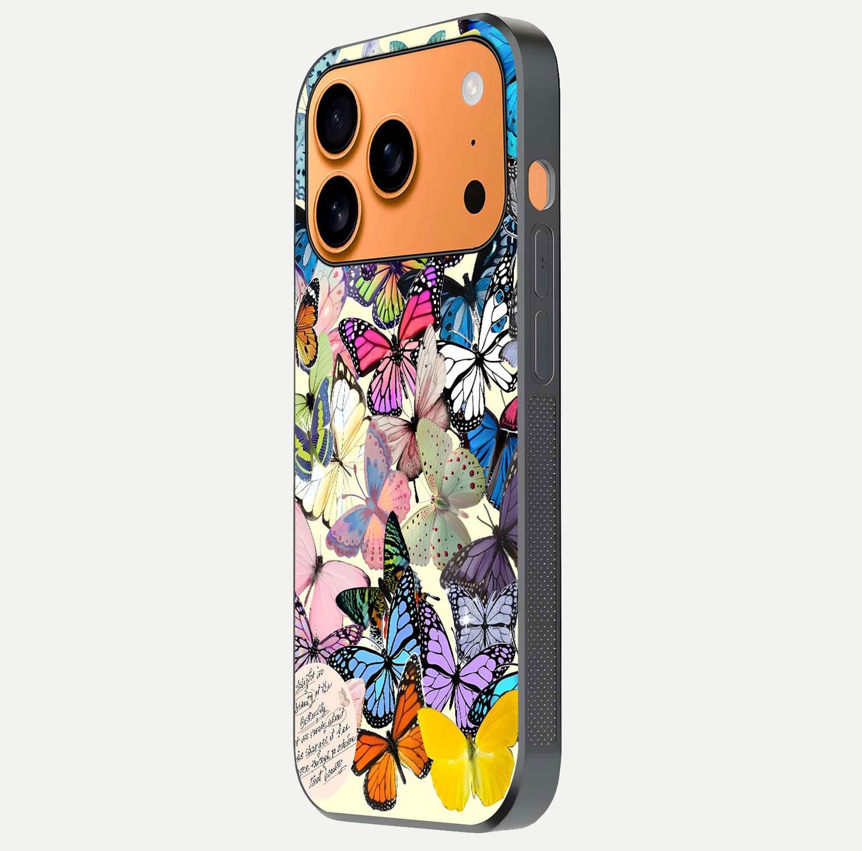 Butterflies Petal Dream Glass Case for iPhone 17 Pro Max side-angle shot showing butterfly motion and curved edges