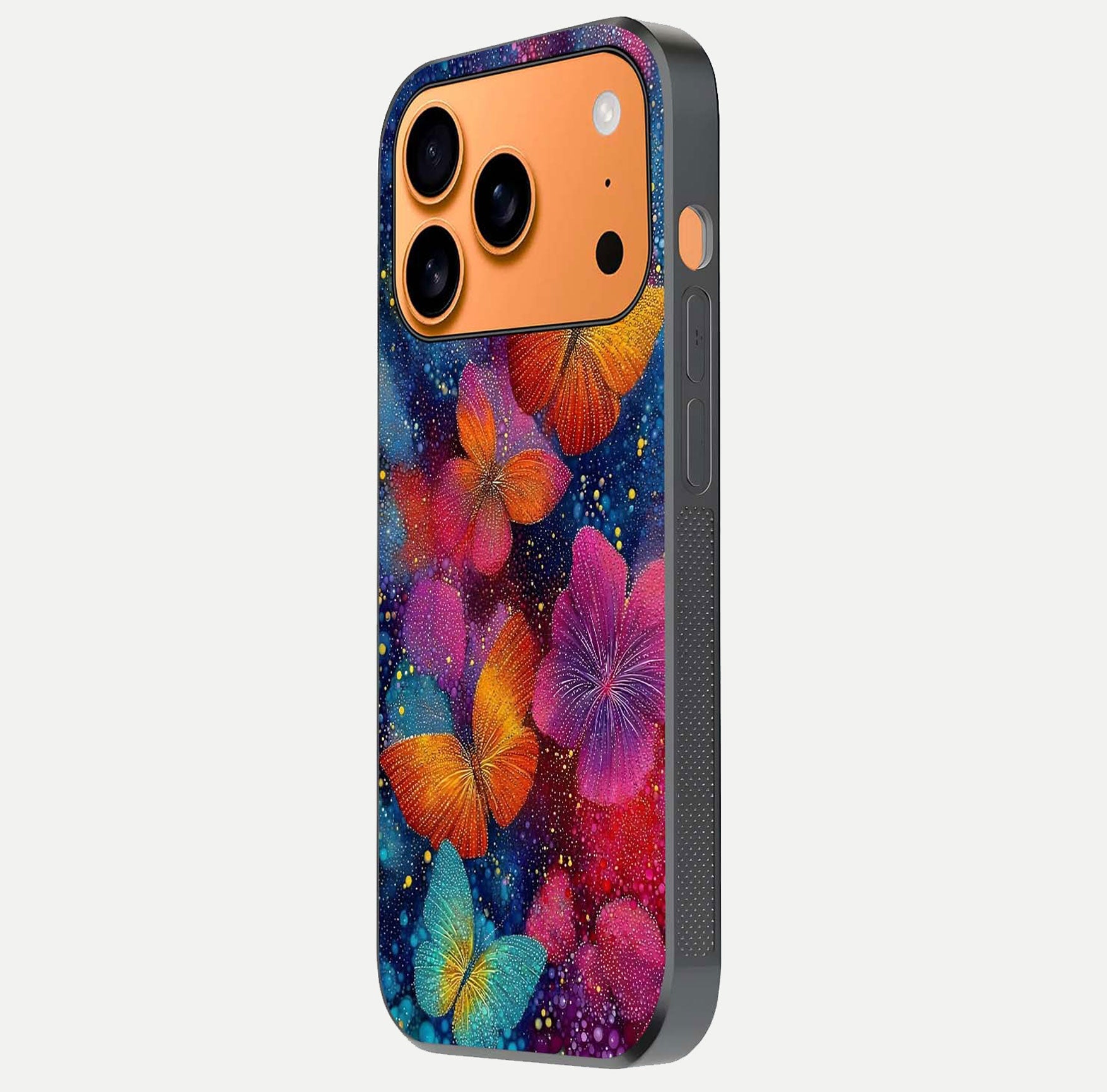 Butterfly Dream Mist Glass Case for iPhone 17 Pro Max side-angle image showing soft gradient and reflective glow