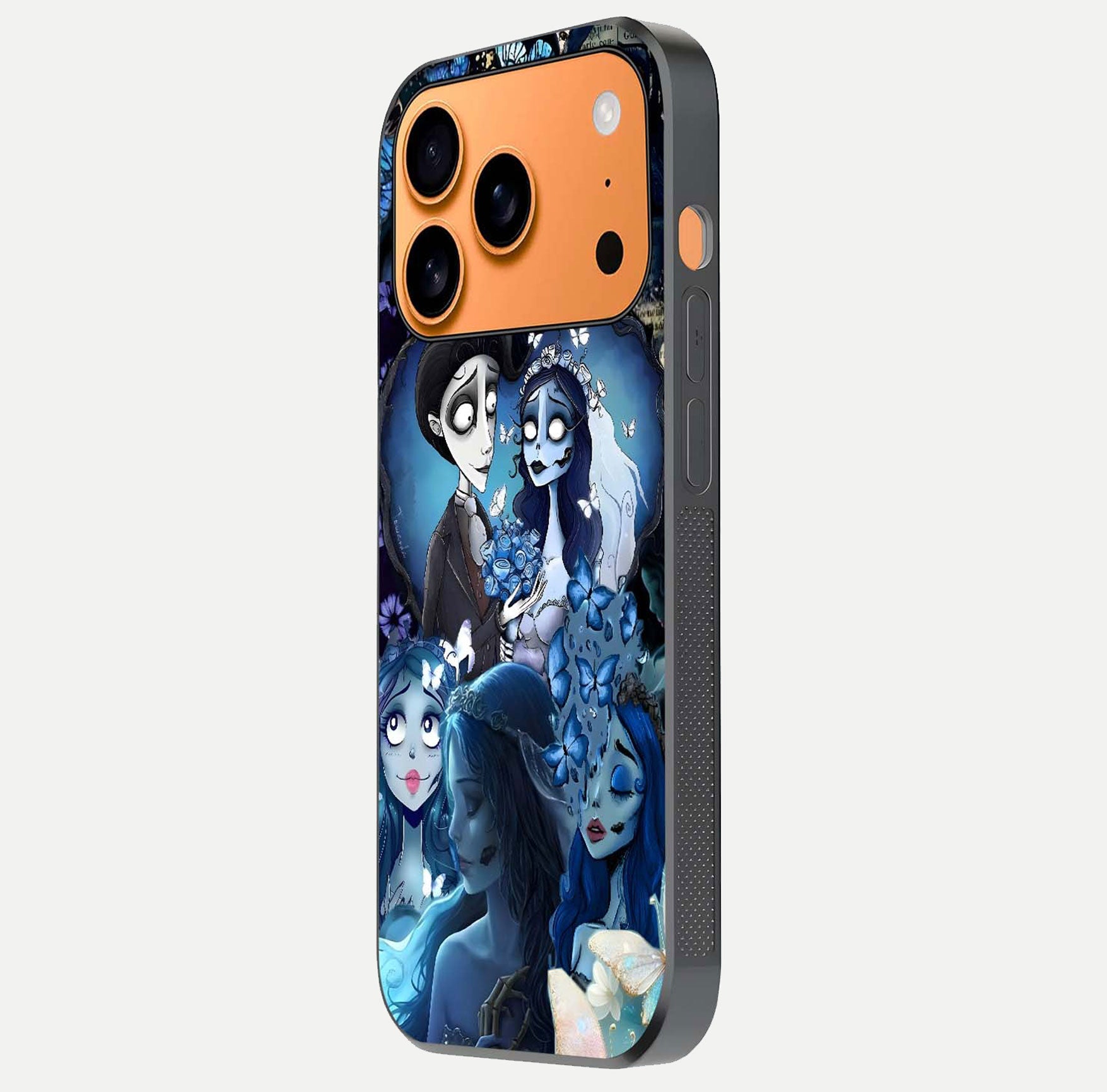 Butterfly Ghost Soul Glass Case for iPhone 17 Pro Max side-angle image capturing edge light and deep design tones