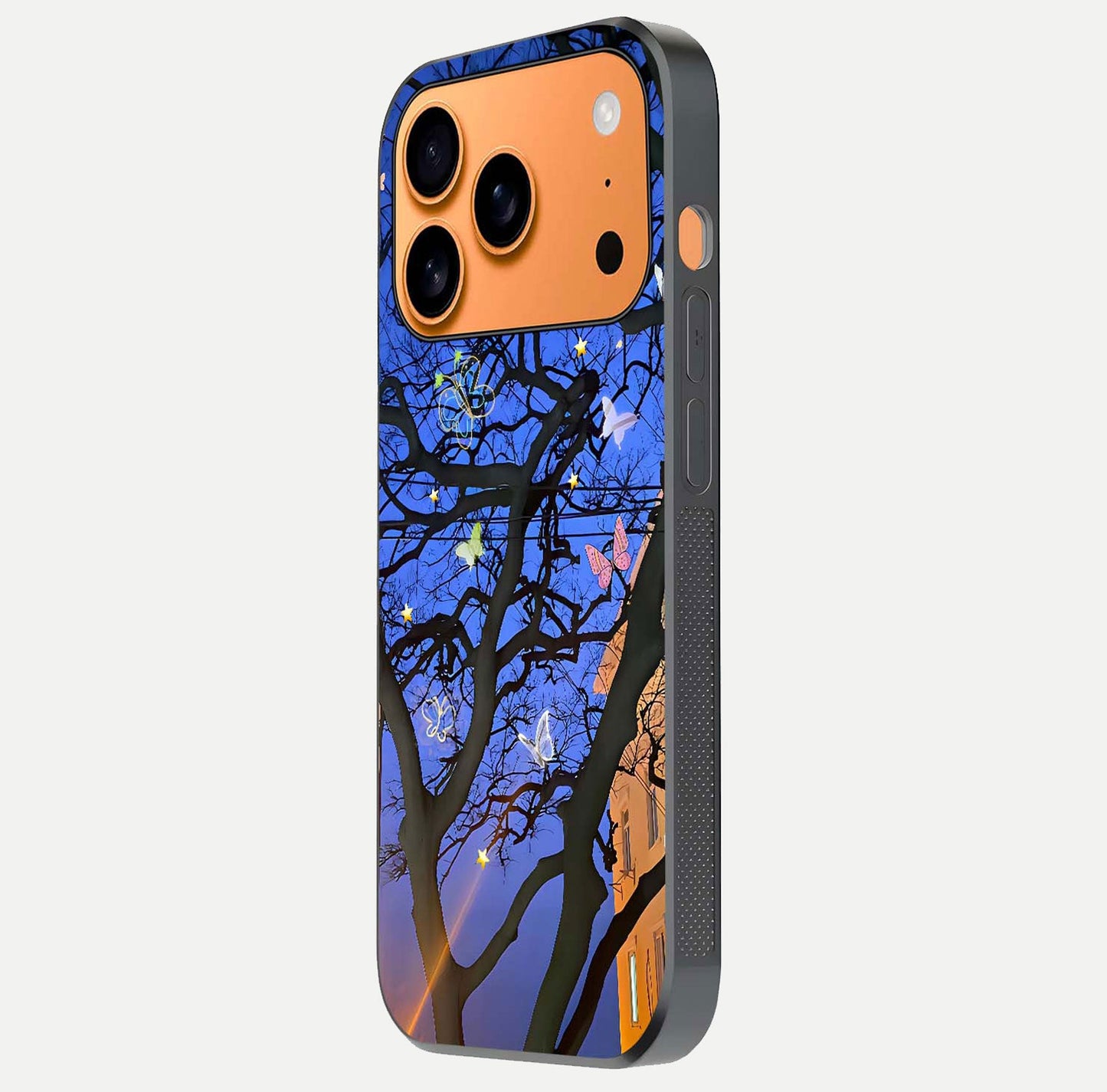 Butterfly Night Magic Glass Case for iPhone 17 Pro Max side-angle view capturing butterfly contrast and glossy depth