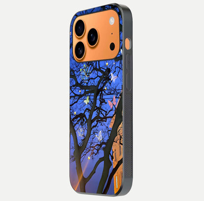Butterfly Night Magic Glass Case for iPhone 17 Pro Max side-angle view capturing butterfly contrast and glossy depth