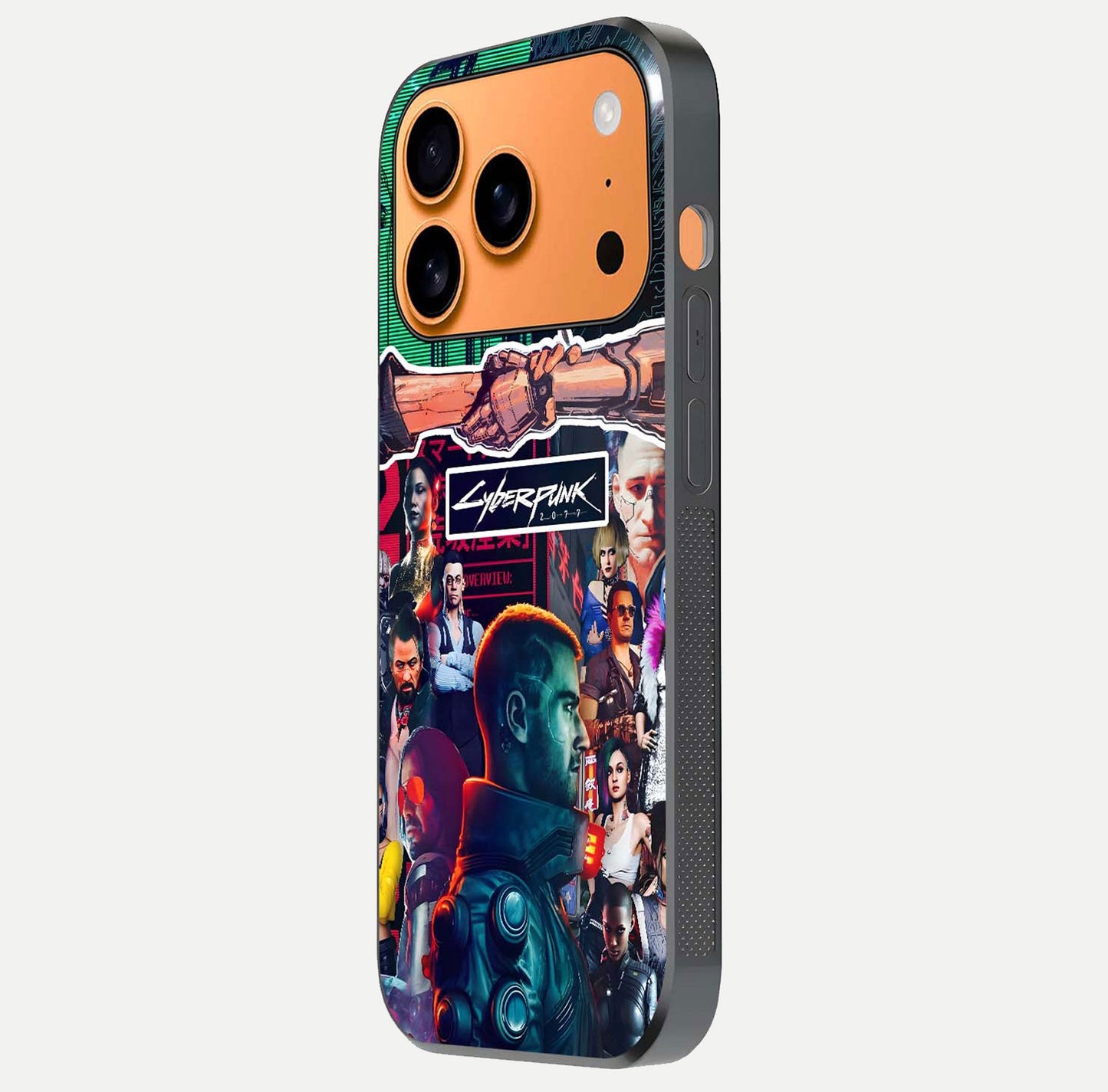 CYBERPUNK Legacy Glass Case for iPhone 17 Pro Max side-angle photo showing edge glow and reflective surface