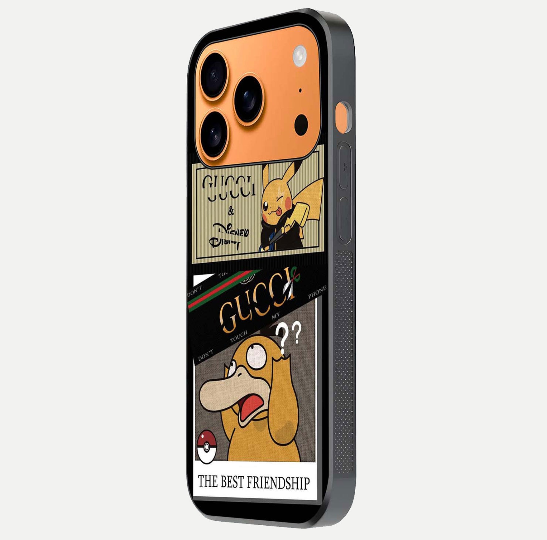 Cartoon Brand Play Mashup Glass Case for iPhone 17 Pro Max side-angle image showing reflection brightness and fun graphic mix