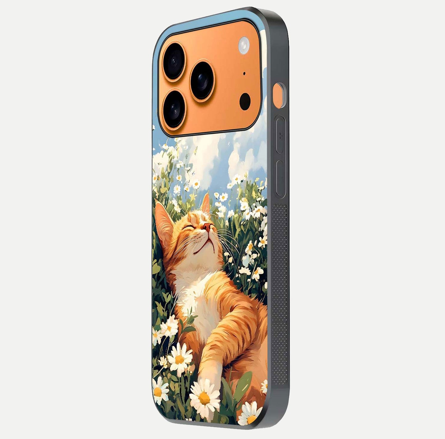 Cat & Flowers View Glass Case for iPhone 17 Pro Max side-angle image capturing cat print clarity and gloss tone