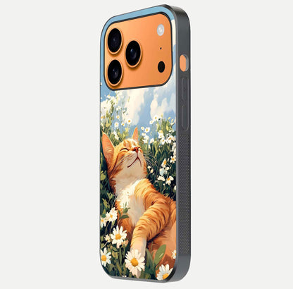 Cat & Flowers View Glass Case for iPhone 17 Pro Max side-angle image capturing cat print clarity and gloss tone
