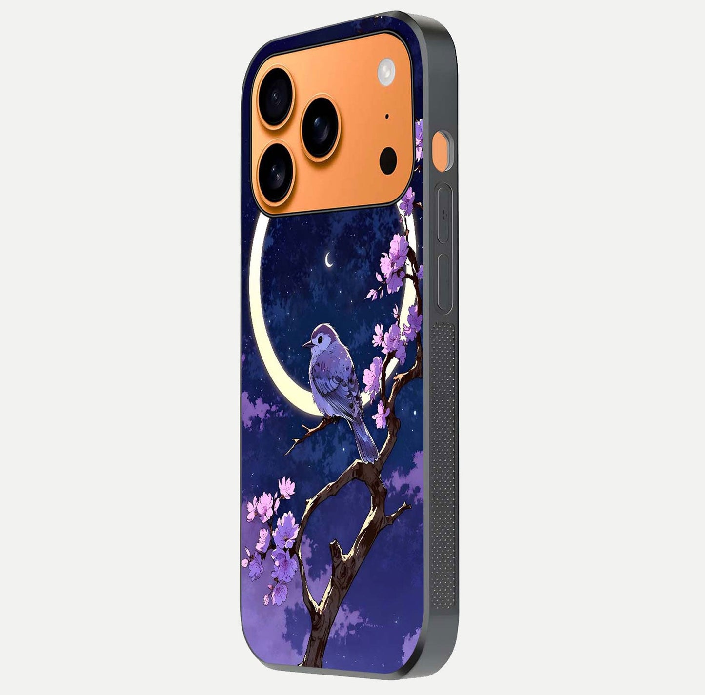 Celestial Bird Blossom Glass Case for iPhone 17 Pro Max side-angle image showing detailed wings and glossy polish