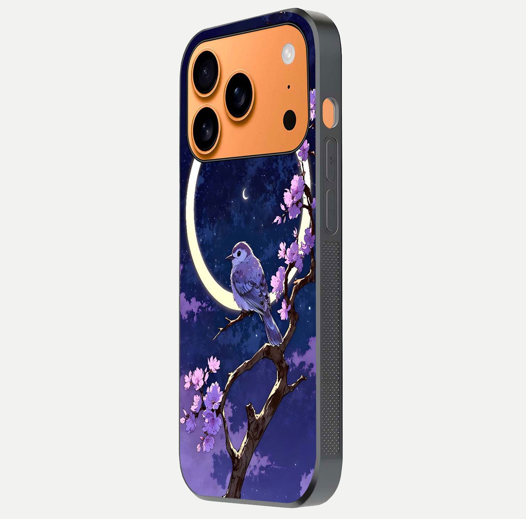 Celestial Bird Blossom Glass Case for iPhone 17 Pro Max side-angle image showing detailed wings and glossy polish
