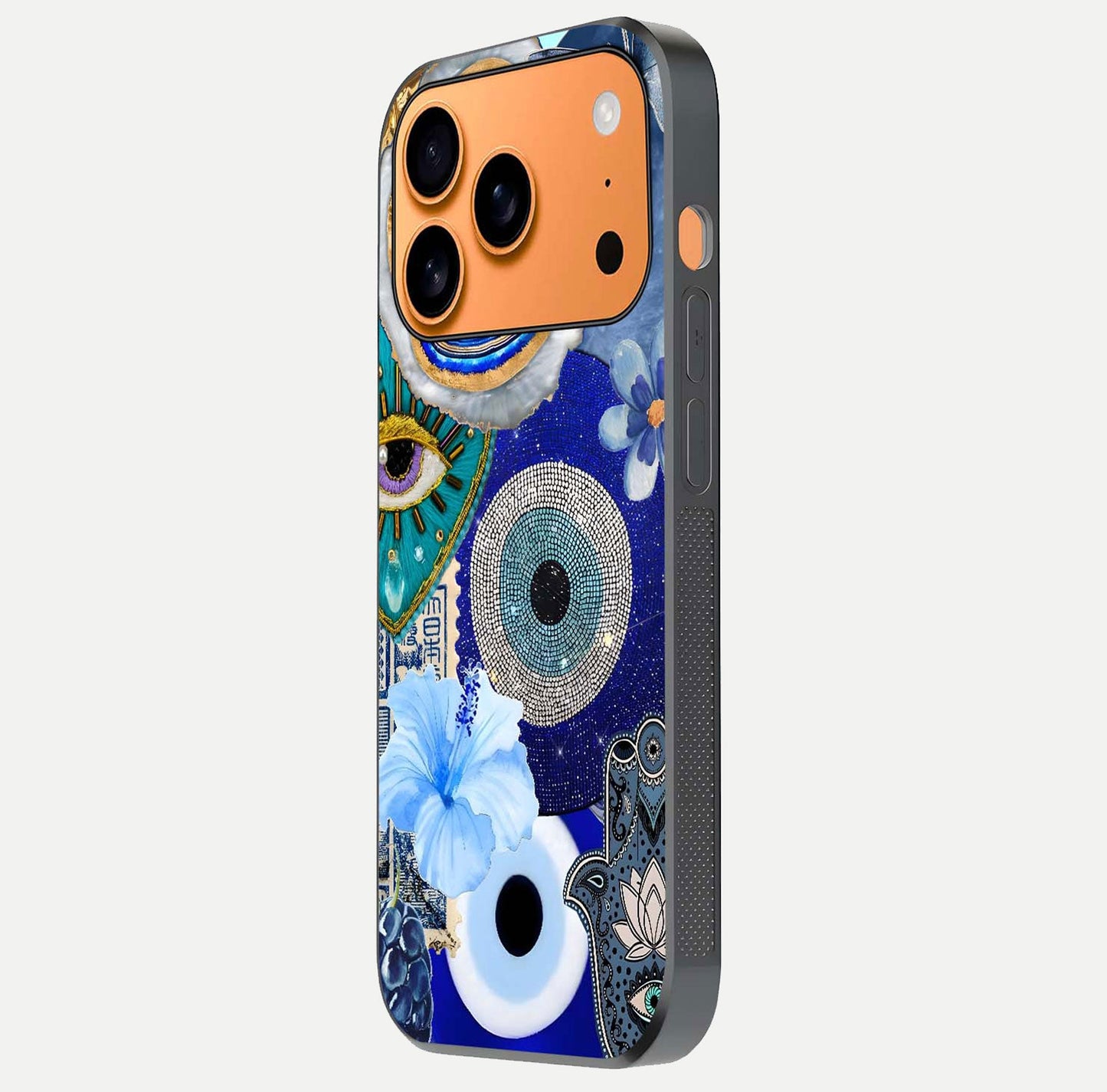 Celestial Blue Vision Glass Case for iPhone 17 Pro Max side-angle image capturing starlight shimmer and glass reflection