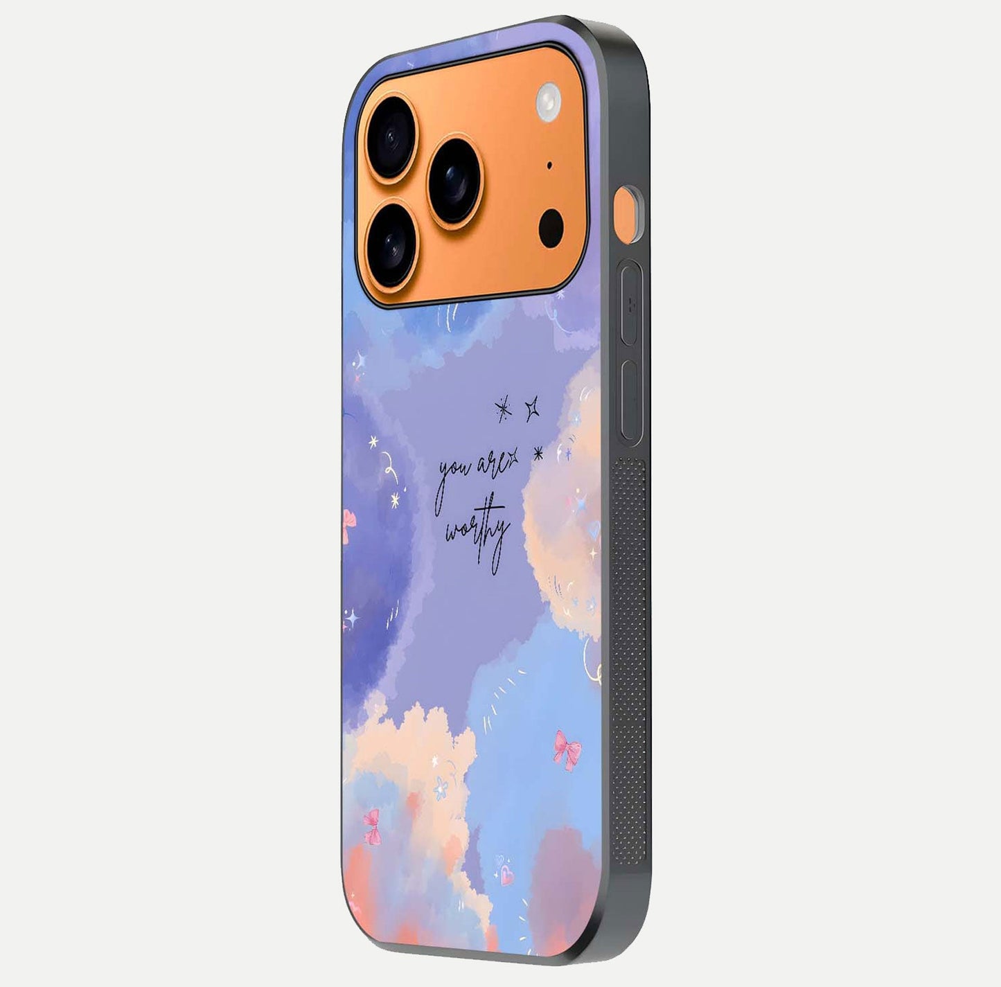 Celestial Cloud Magic Glass Case for iPhone 17 Pro Max side-angle photo showing edge reflection and dreamy texture