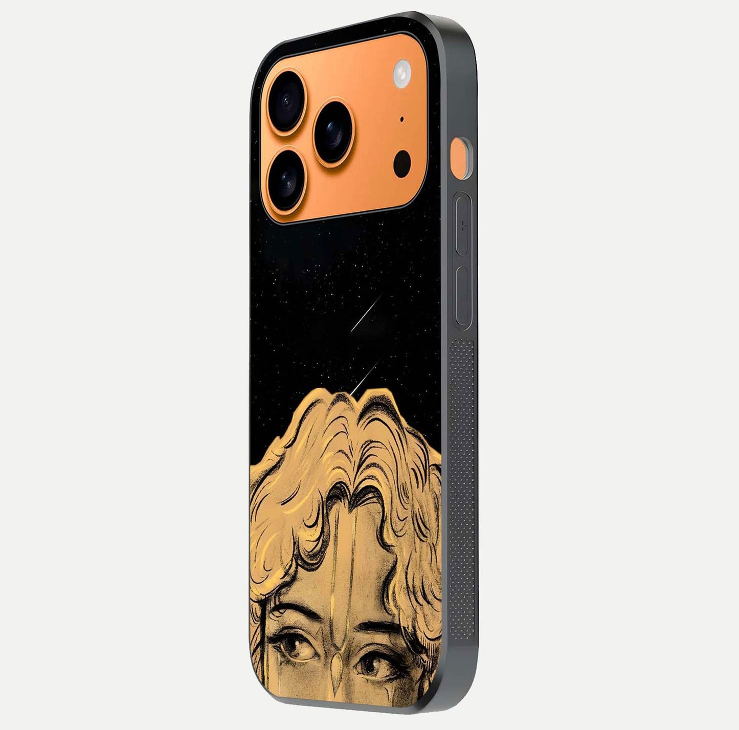 Celestial God’s Plan Glass Case for iPhone 17 Pro Max side-angle image showing gloss, camera frame, and cosmic tones